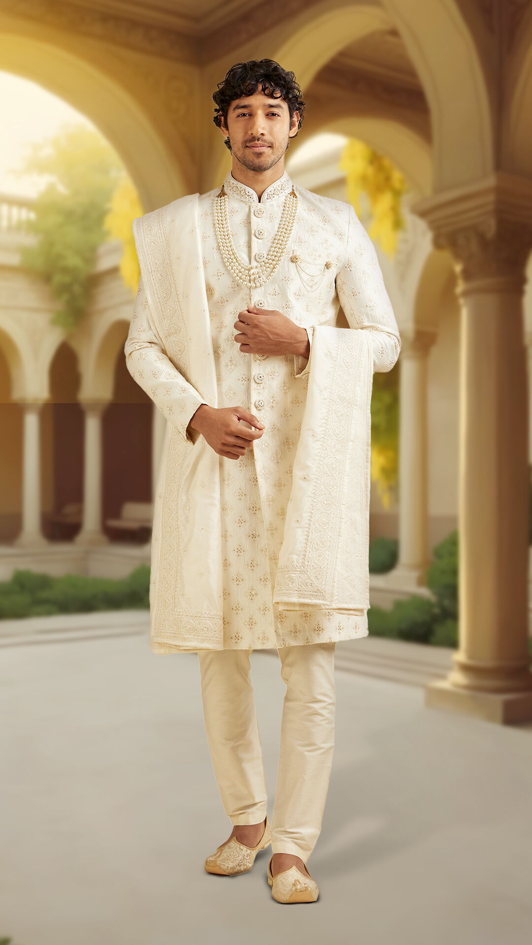 Sophisticated men in white kurta sets paired with white dupattas, exuding timeless Mughal-inspired elegance